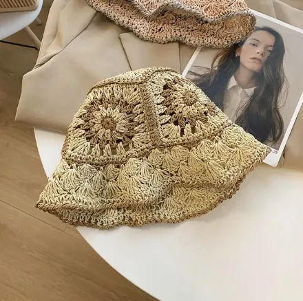 Handmade crochet straw bucket hat