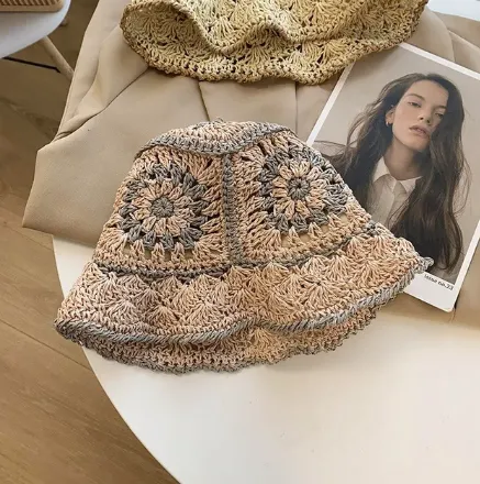 Handmade crochet straw bucket hat