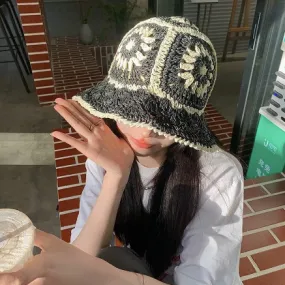 Handmade crochet straw bucket hat