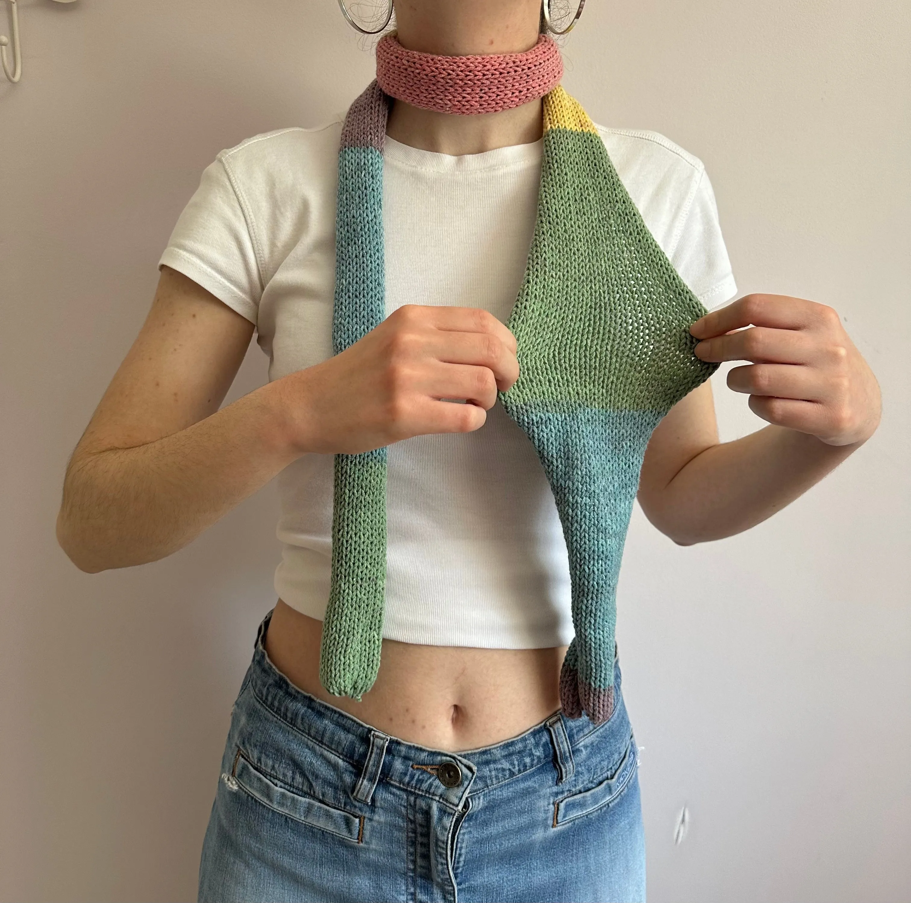 Handmade knitted colour block skinny scarf in dusky rainbow