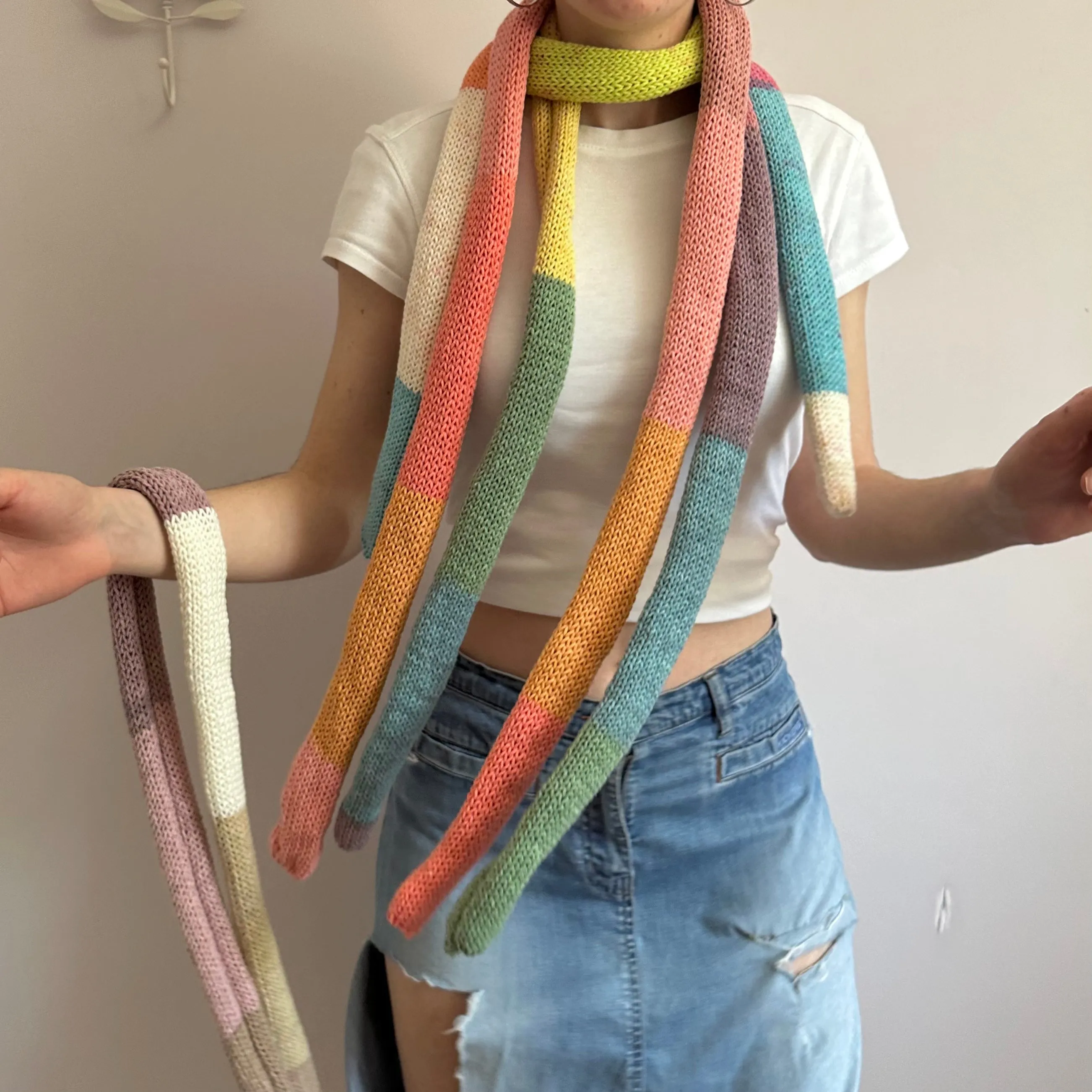 Handmade knitted colour block skinny scarf in dusky rainbow