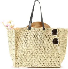 Herald Large Handmade Straw Tote Handbag for Women, Summer Beach Weaving Chic Woven Shoulder Purse Bags for Travel Vacation