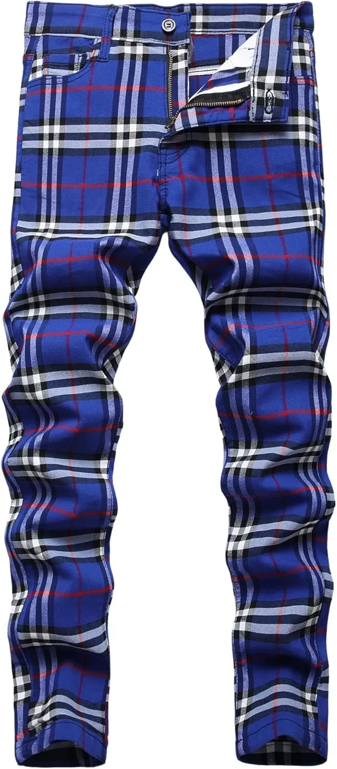 JE&NS Men's Stretch Slim Fit Flat-Front Casual Skinny Chinos Plaid Dress Pants