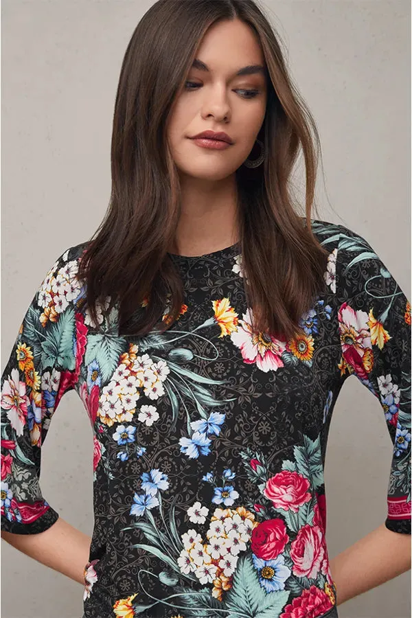 Johnny Was ONYX Crew Neck Floral Flower Sistine Tee Shirt Top Black X Large NEW