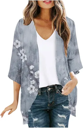 Kimono Cardigans for Women Beach Cover Ups Floral Print Bathing Suit Coverups Plus Size Chiffon Swimsuit Cover Up Top