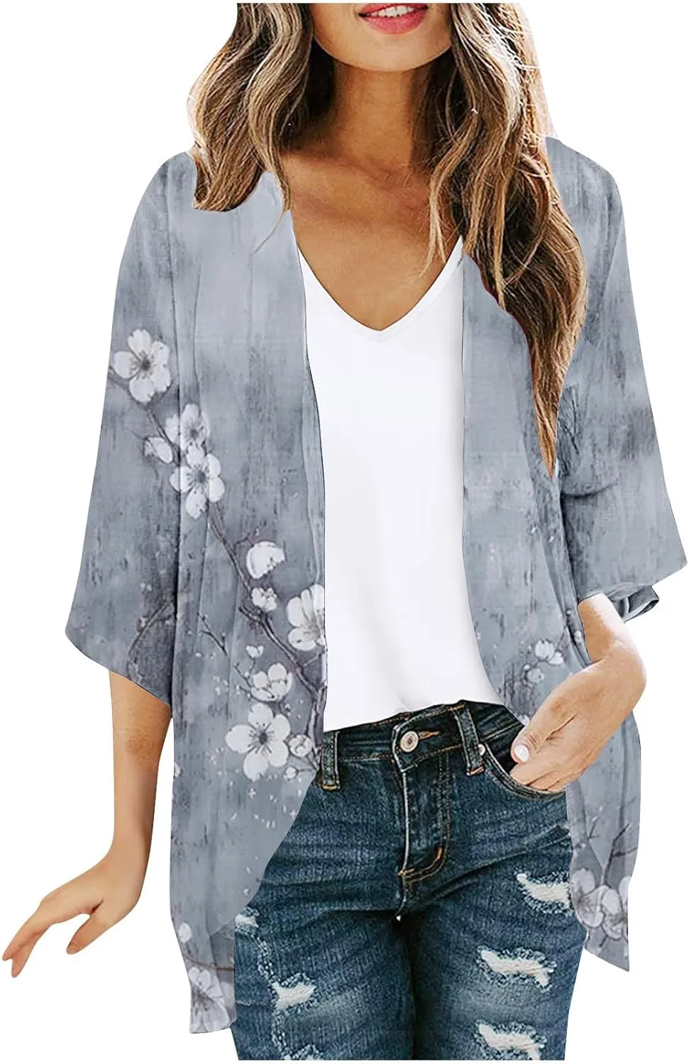 Kimono Cardigans for Women Beach Cover Ups Floral Print Bathing Suit Coverups Plus Size Chiffon Swimsuit Cover Up Top