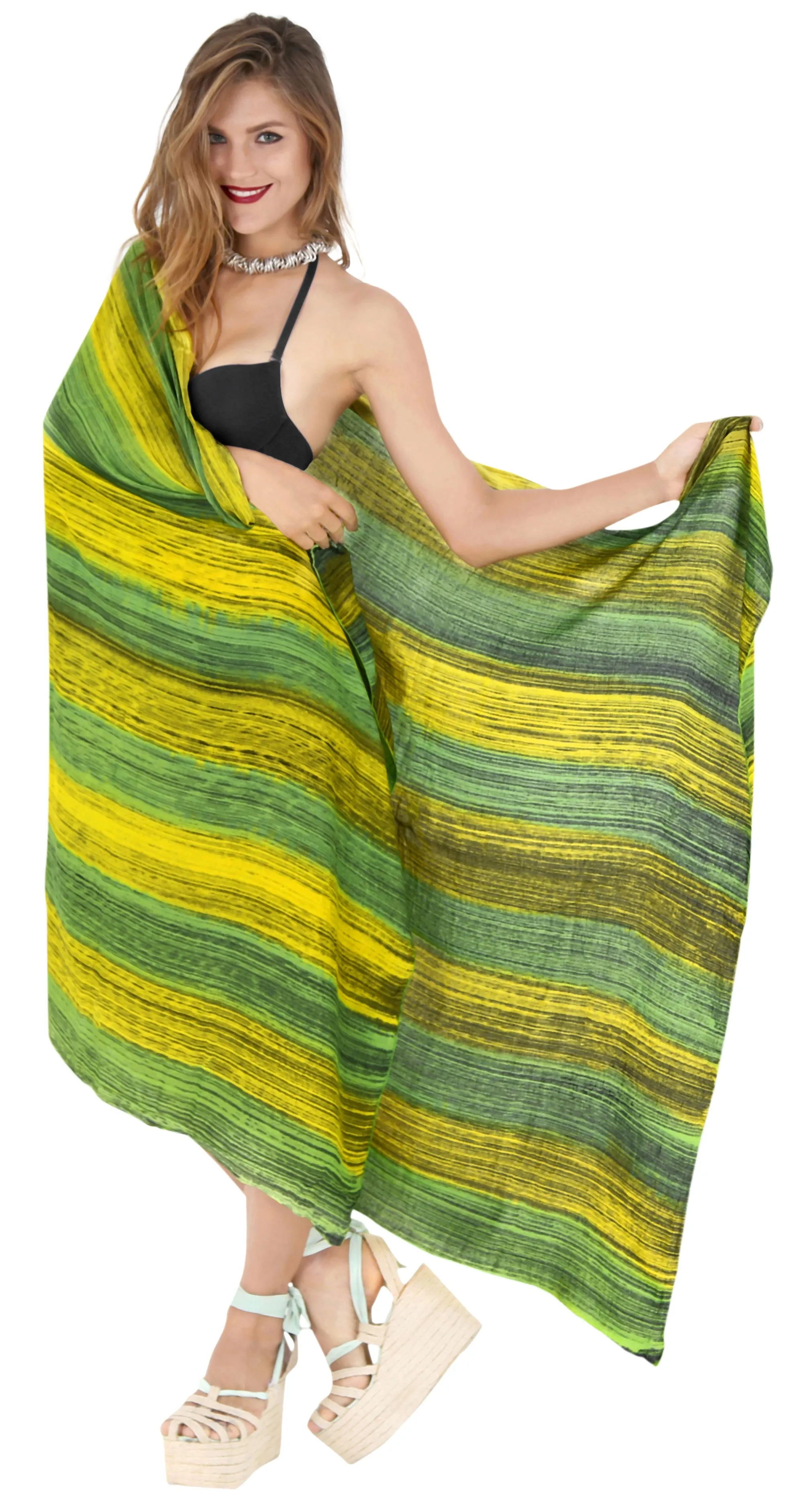 LA LEELA Fringe Towel Wrap Pareo Sarong Bikini Cover up Tie Dye 78"X43" Green_4488