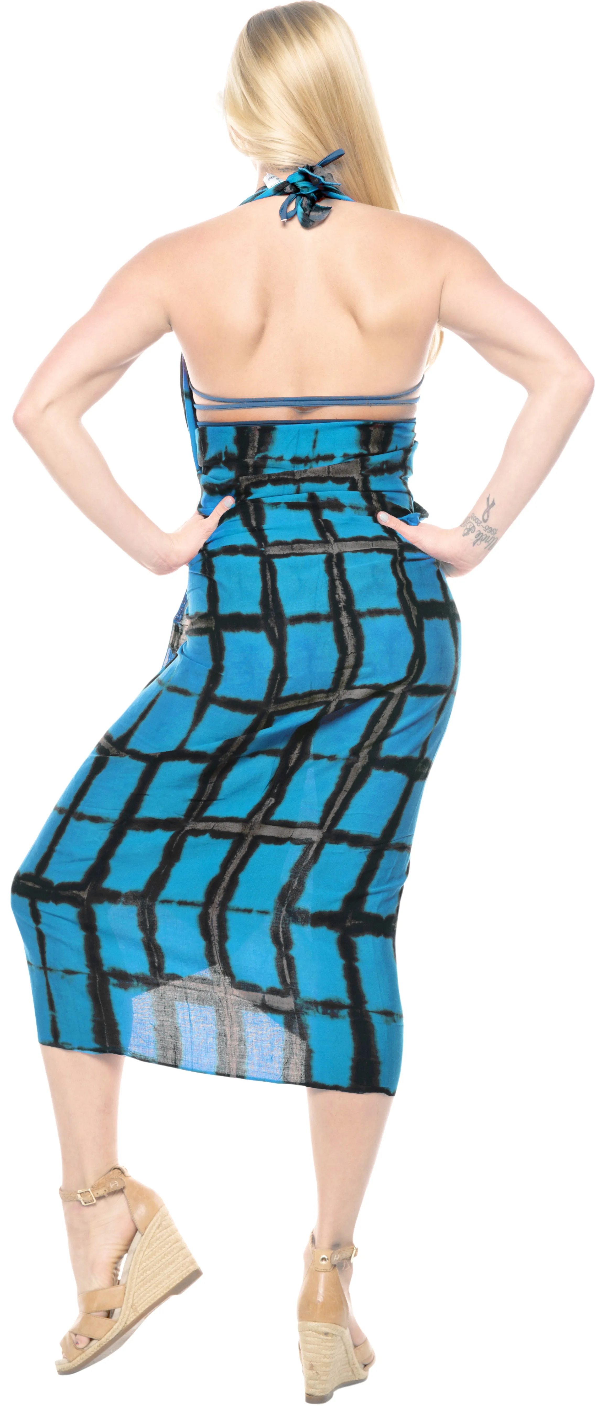 LA LEELA Rayon Tie Slit Long Pareo Women Sarong Tie Dye 78"X43" Turquoise_4504