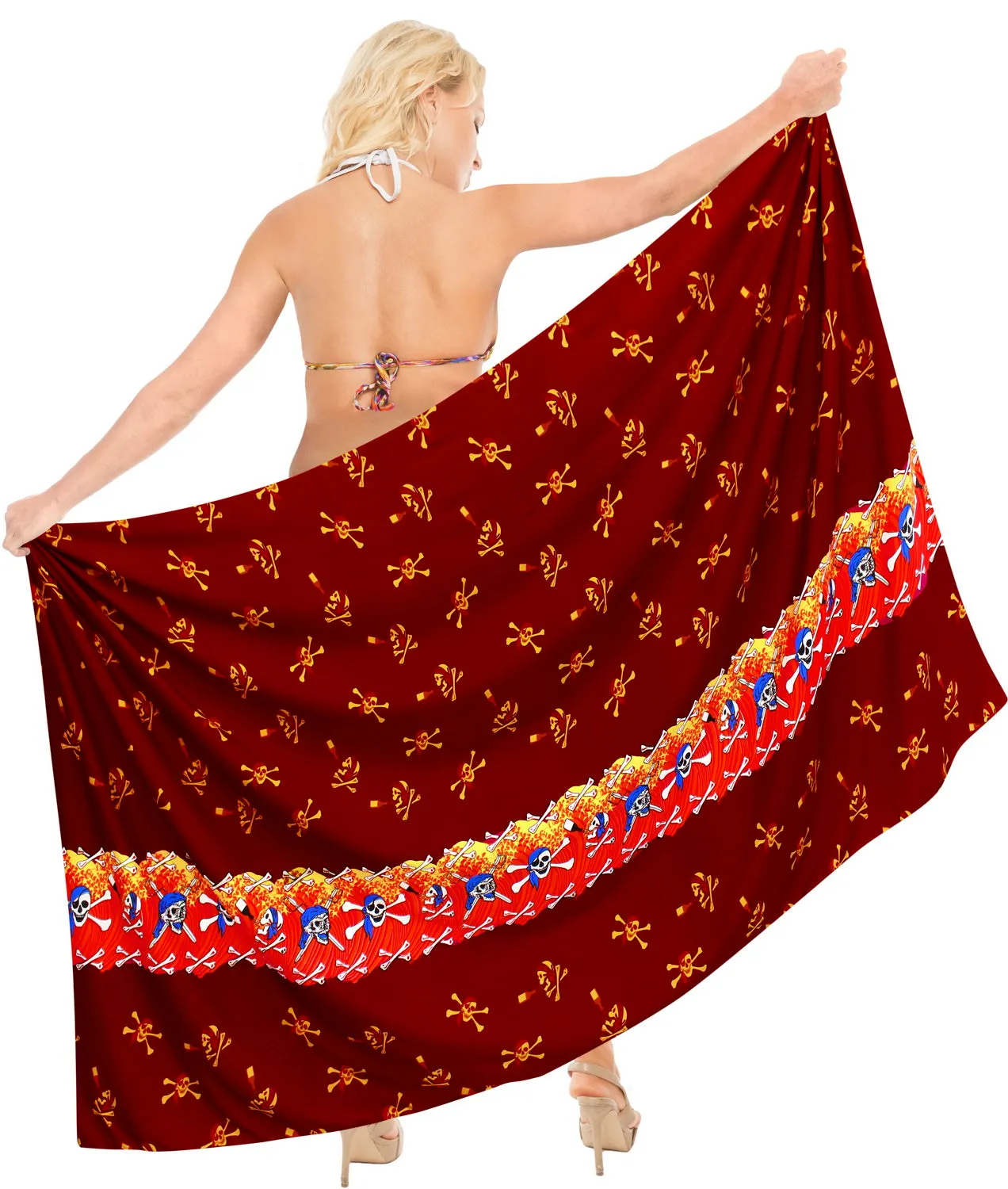 La Leela Soft Light Bikini Tie Slit Cover Up Sarong Printed 88"X42" Red_2522