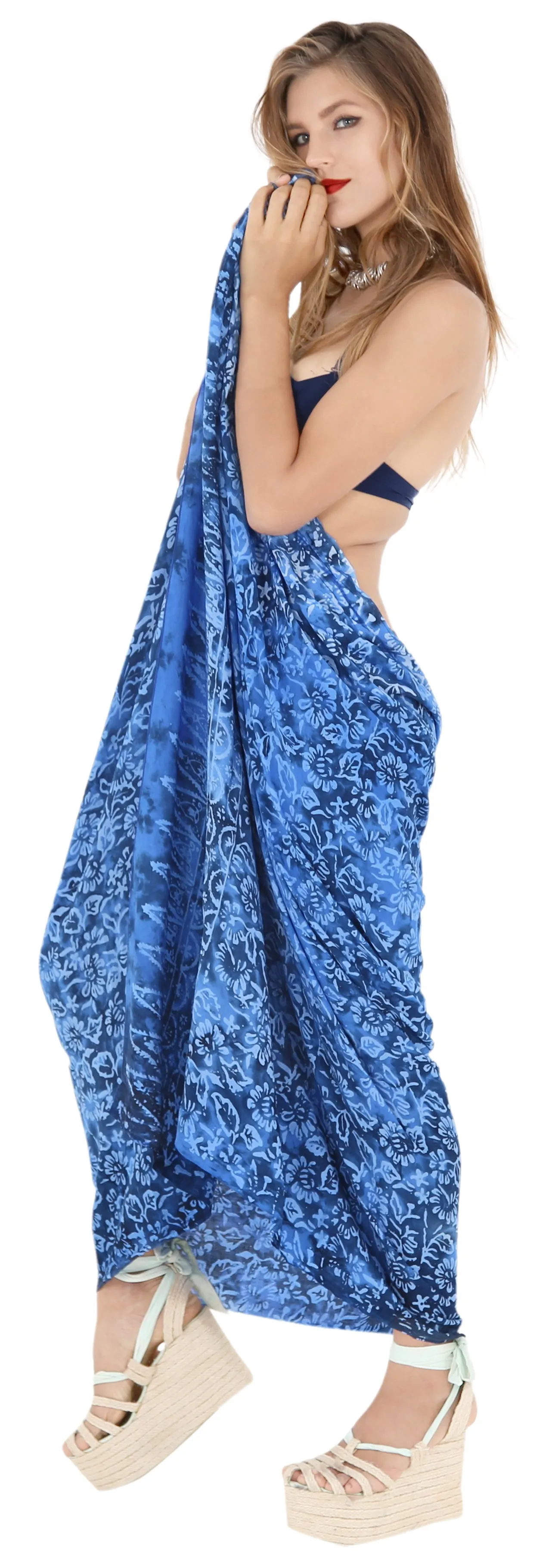 LA LEELA Swimsuit Cover Up slit Sarong Printed 78"X43" Royal Blue_4403
