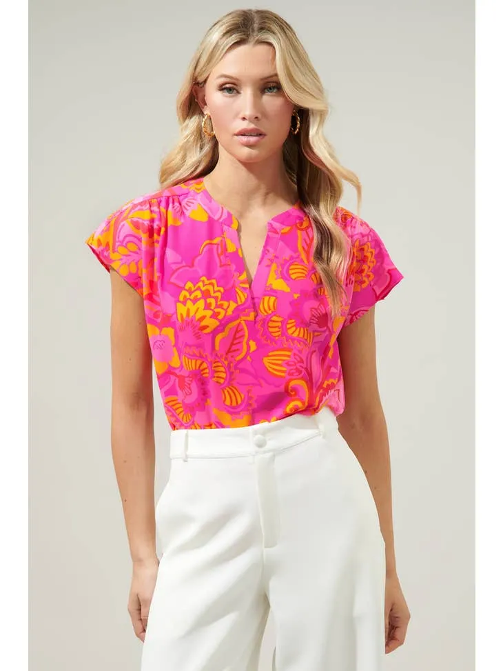Lana Tropics Split Neck Blouse Top