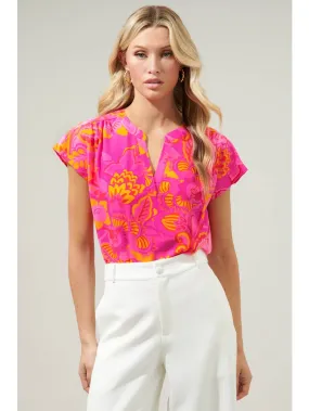 Lana Tropics Split Neck Blouse Top