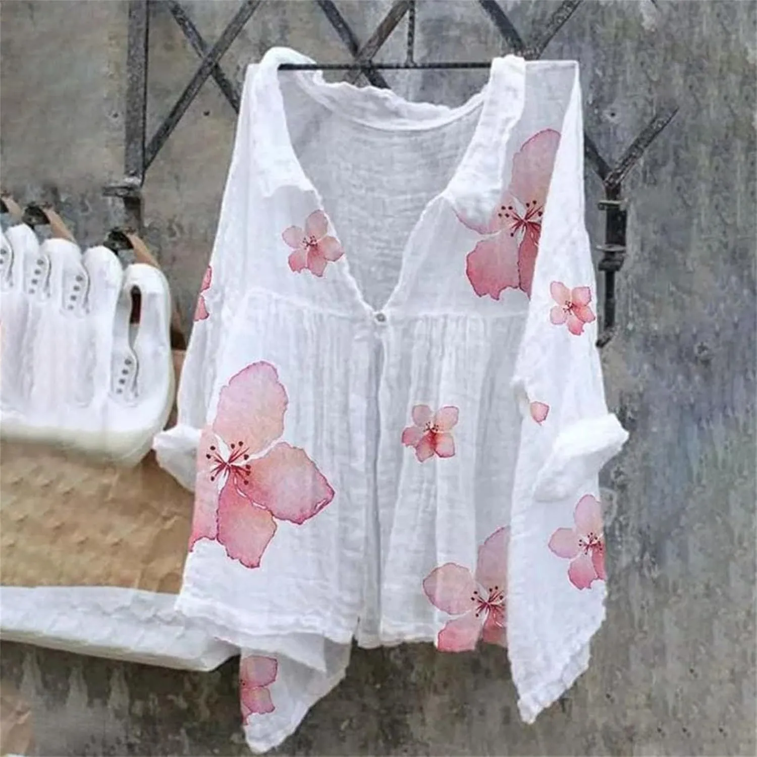 Linen Shirts for Women Print Natural Autumn Fragrant Fabric Shirt Yellow Tops for Women Long Sleeve Button Up Shirts