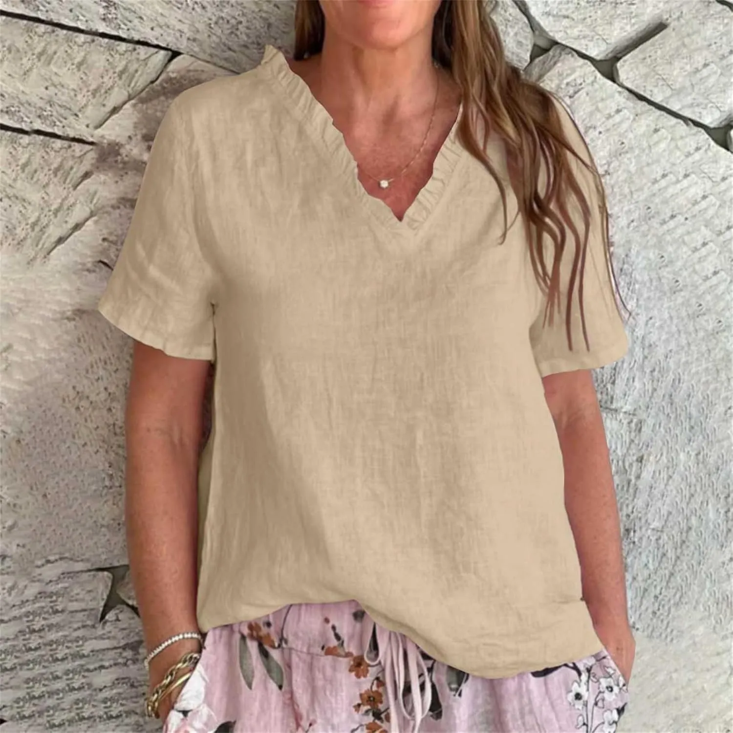 Linen Tops for Women Ruffle Peplum V Neck Short Sleeve Loose Summer Shirts Plus Size Beach Vacation Casual Lounge Outfit 2025