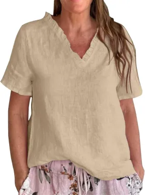 Linen Tops for Women Ruffle Peplum V Neck Short Sleeve Loose Summer Shirts Plus Size Beach Vacation Casual Lounge Outfit 2025