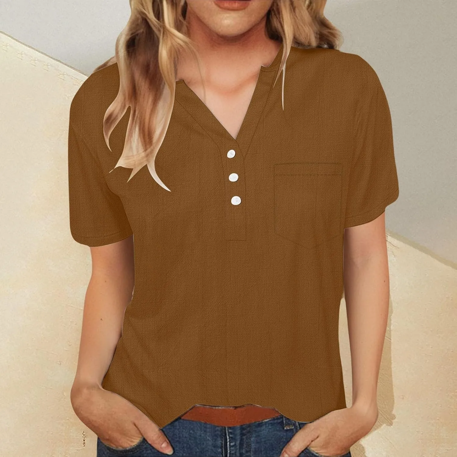 Linen Tops for Women Summer 2025 Trendy Short Sleeve Beach Shirt Casual Button V Neck Tunic Blouses with Pocket