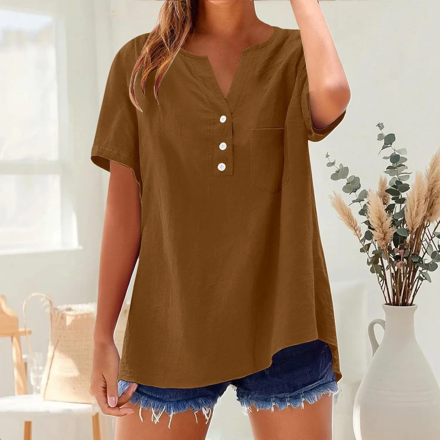 Linen Tops for Women Summer 2025 Trendy Short Sleeve Beach Shirt Casual Button V Neck Tunic Blouses with Pocket