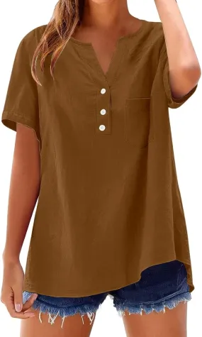 Linen Tops for Women Summer 2025 Trendy Short Sleeve Beach Shirt Casual Button V Neck Tunic Blouses with Pocket