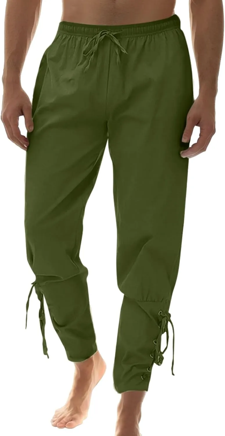 Men's Cotton Pants Drawstring Elastic Waist Banded Pants 2024 Summer Solid Hippie Trousers Loose Sweatpants with Pockets