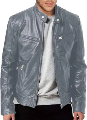Men's Leather Biker Jacket 2024 Casual Stylish Stand Collared Zip Up Varsity Coat Motorcycle Light Weight Jackets