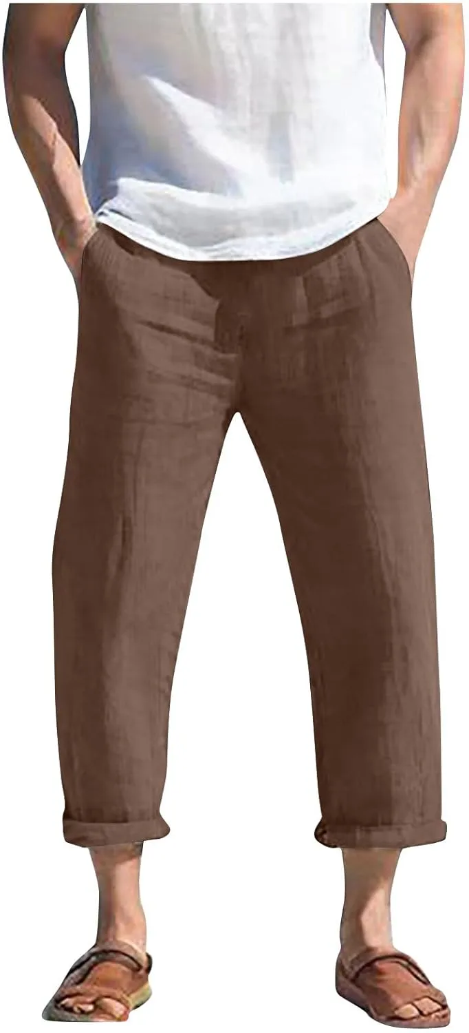 Mens Linen Beach Pants Big and Tall Cropped Elastic Waist Sweatpant Casual Stylish 80S Outfit for Men Baggy