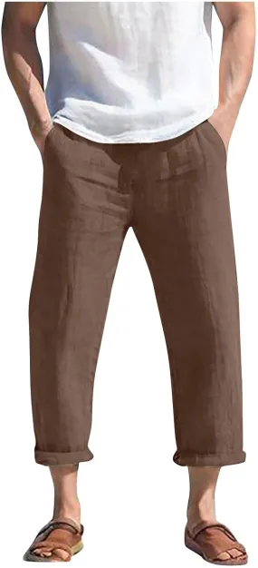 Mens Linen Beach Pants Big and Tall Cropped Elastic Waist Sweatpant Casual Stylish 80S Outfit for Men Baggy