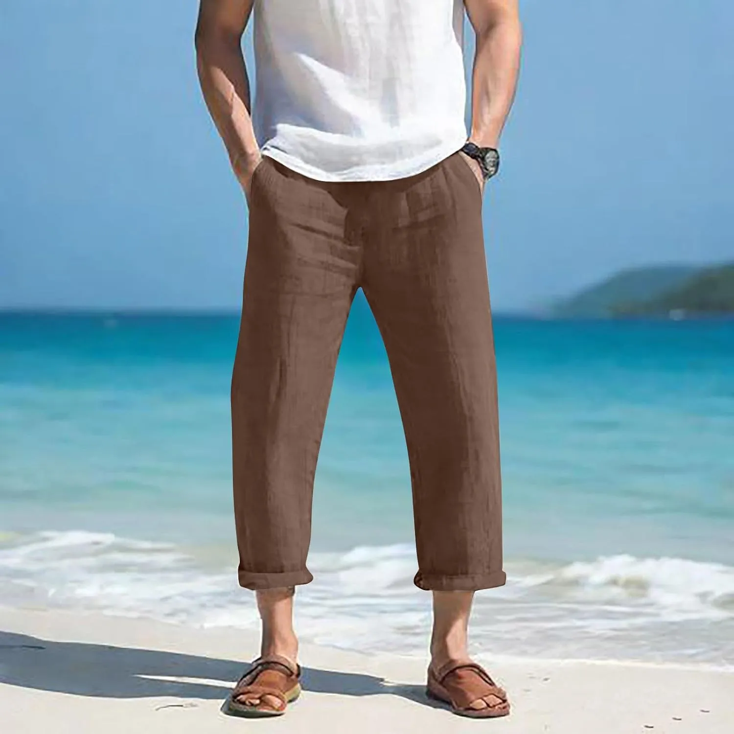 Mens Linen Beach Pants Big and Tall Cropped Elastic Waist Sweatpant Casual Stylish 80S Outfit for Men Baggy