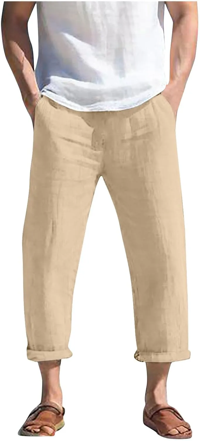 Mens Linen Beach Pants Big and Tall Cropped Elastic Waist Sweatpant Casual Stylish 80S Outfit for Men Baggy
