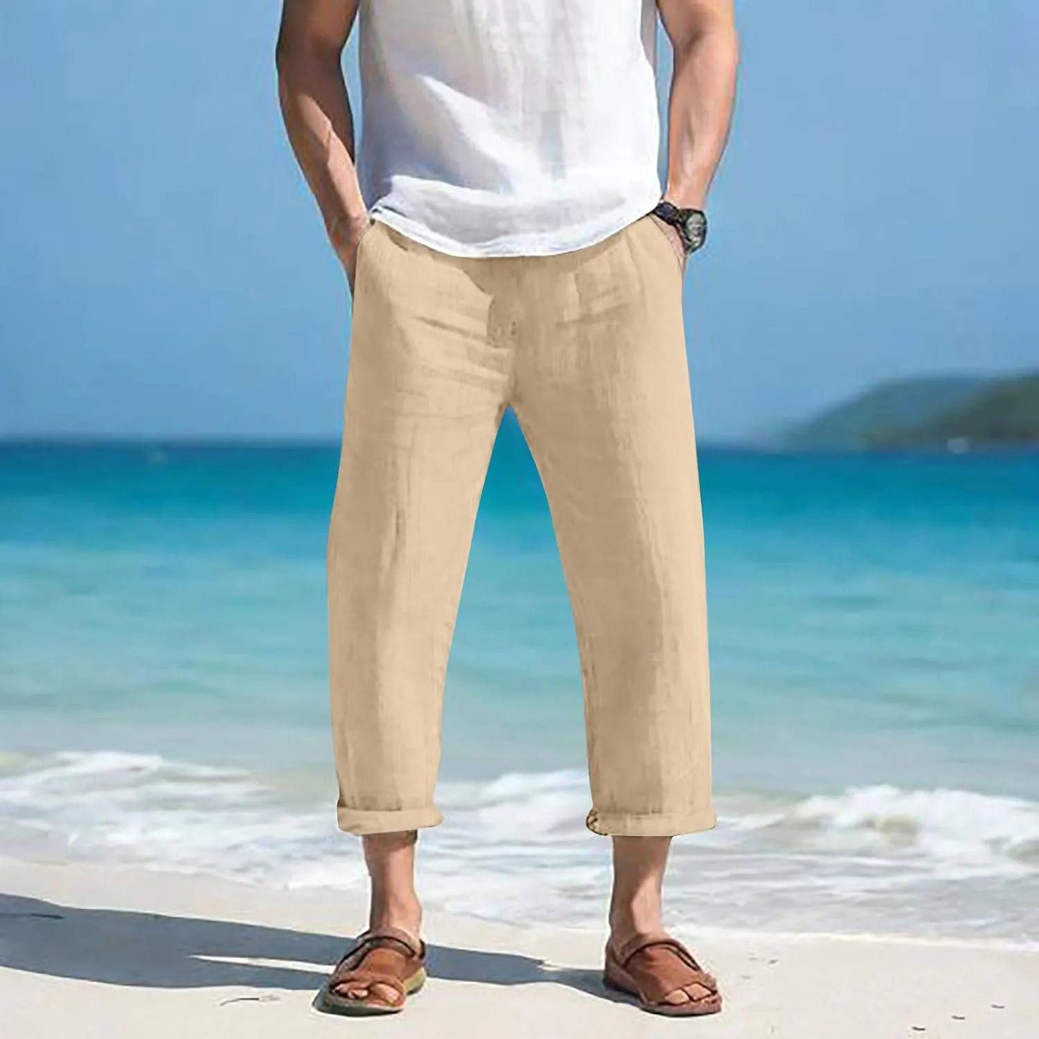Mens Linen Beach Pants Big and Tall Cropped Elastic Waist Sweatpant Casual Stylish 80S Outfit for Men Baggy