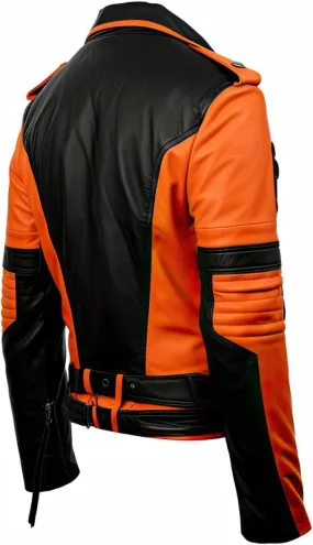 Mens Orange Black Genuine Sheepskin Asymmetric Crossover Lapel Collar Quilted Stylish Moto Biker Leather Jacket (XS)