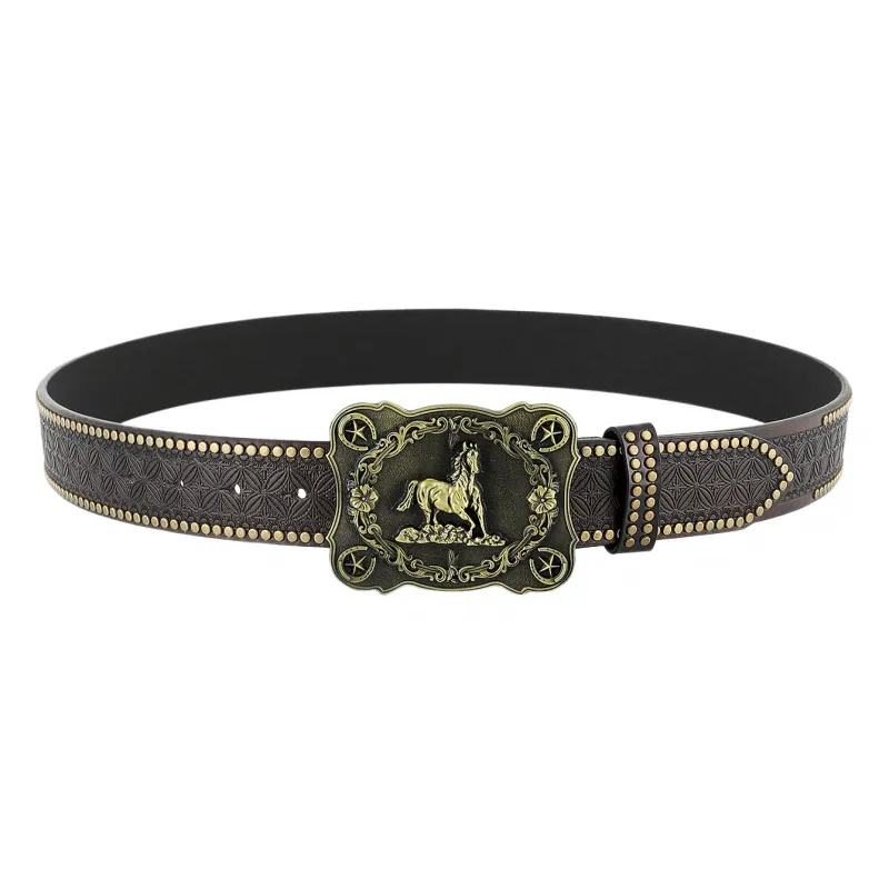Men's Vintage Embossed Western Cowboy Leather Belt 64138481M