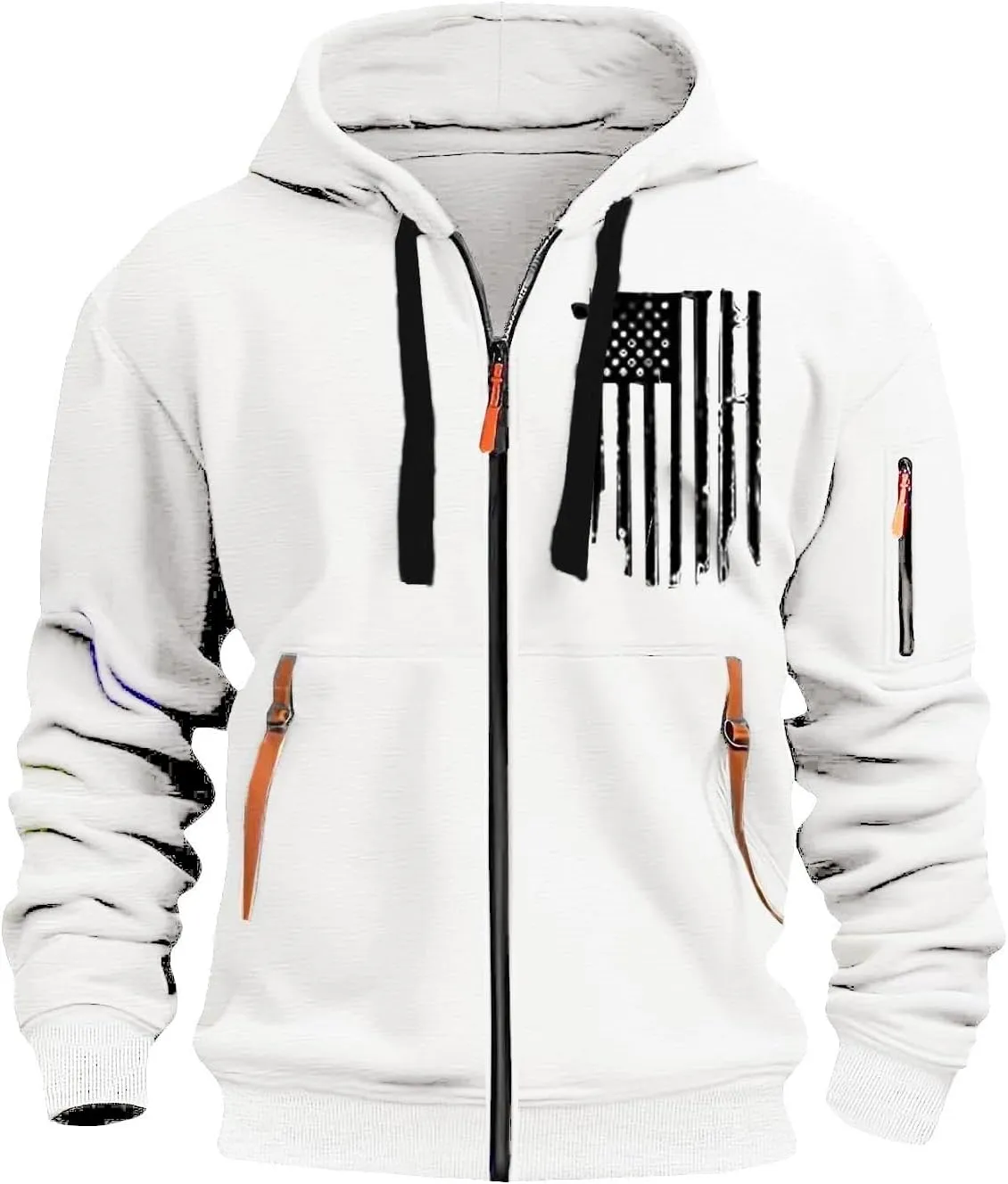 Men's Zipper USA Flag Print Hoodie Trendy Long Sleeve Drawstring Shirt Light Patriotic Sweatshirt with Pockets