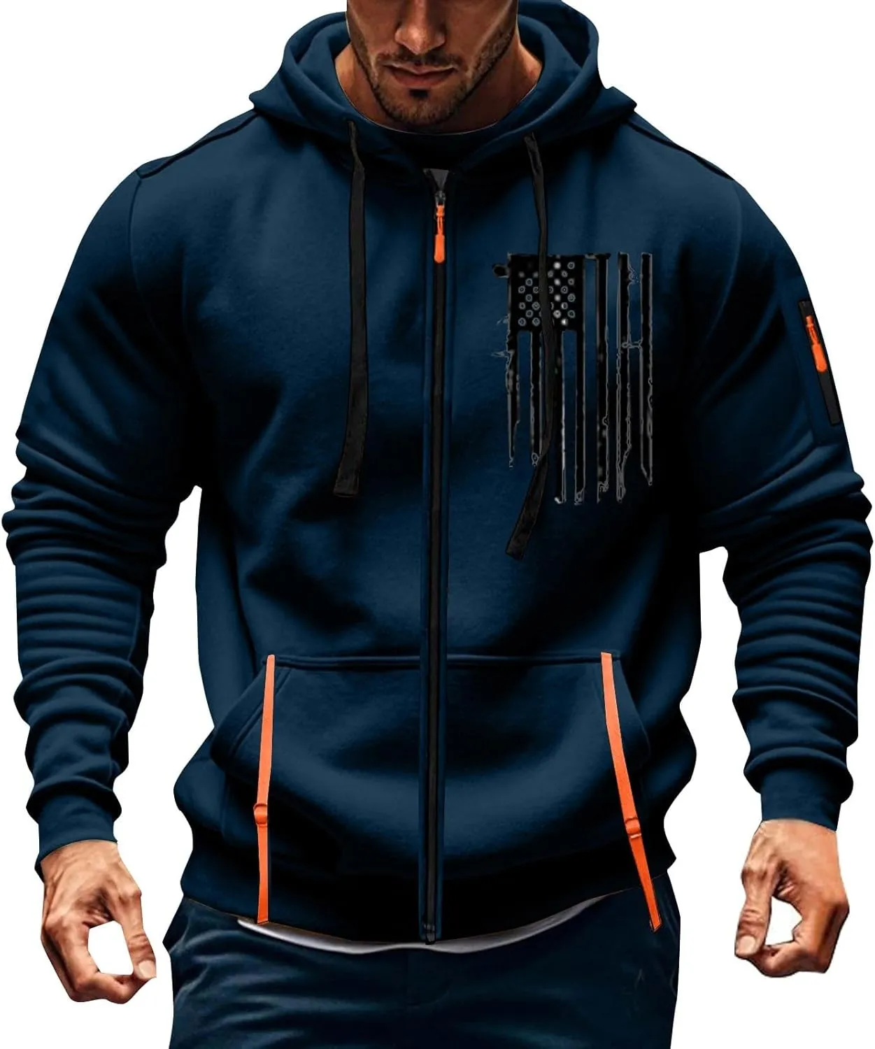Men's Zipper USA Flag Print Hoodie Trendy Long Sleeve Drawstring Shirt Light Patriotic Sweatshirt with Pockets