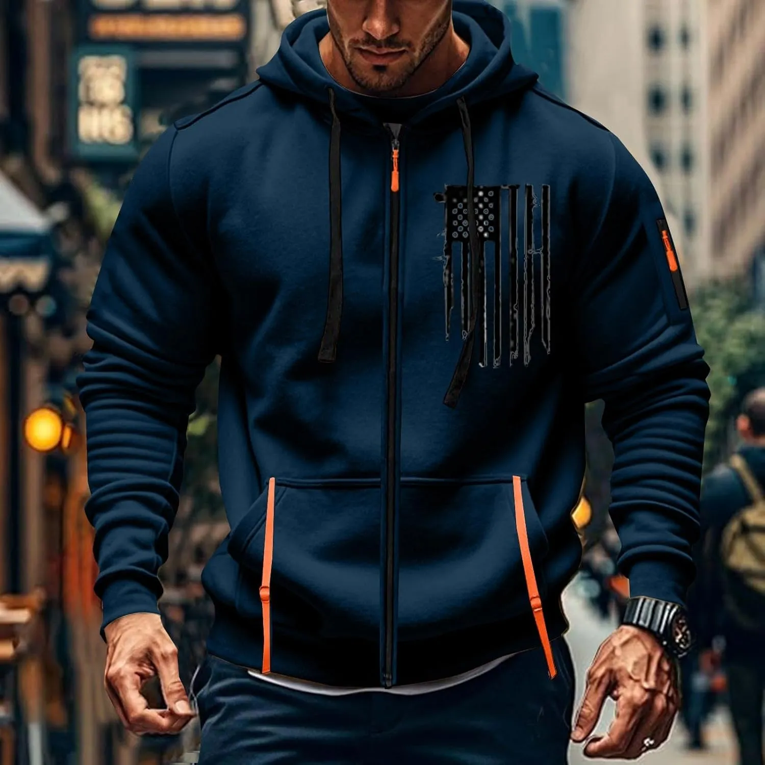 Men's Zipper USA Flag Print Hoodie Trendy Long Sleeve Drawstring Shirt Light Patriotic Sweatshirt with Pockets