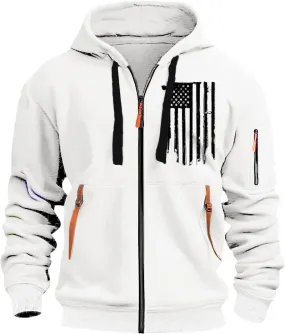 Men's Zipper USA Flag Print Hoodie Trendy Long Sleeve Drawstring Shirt Light Patriotic Sweatshirt with Pockets