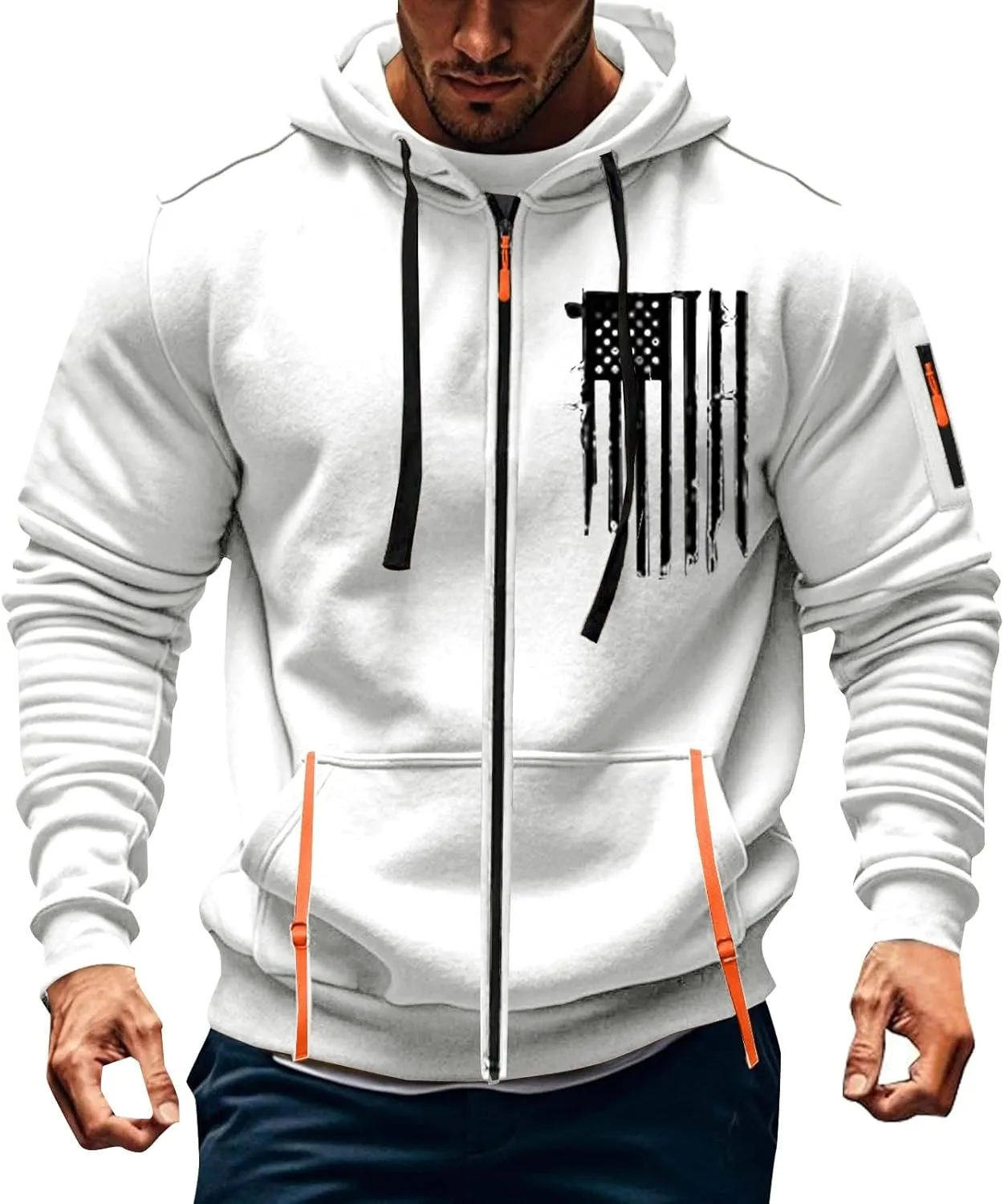 Men's Zipper USA Flag Print Hoodie Trendy Long Sleeve Drawstring Shirt Light Patriotic Sweatshirt with Pockets