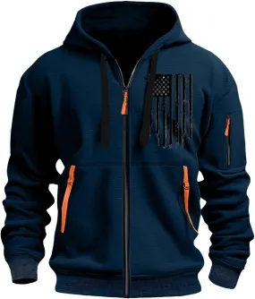 Men's Zipper USA Flag Print Hoodie Trendy Long Sleeve Drawstring Shirt Light Patriotic Sweatshirt with Pockets