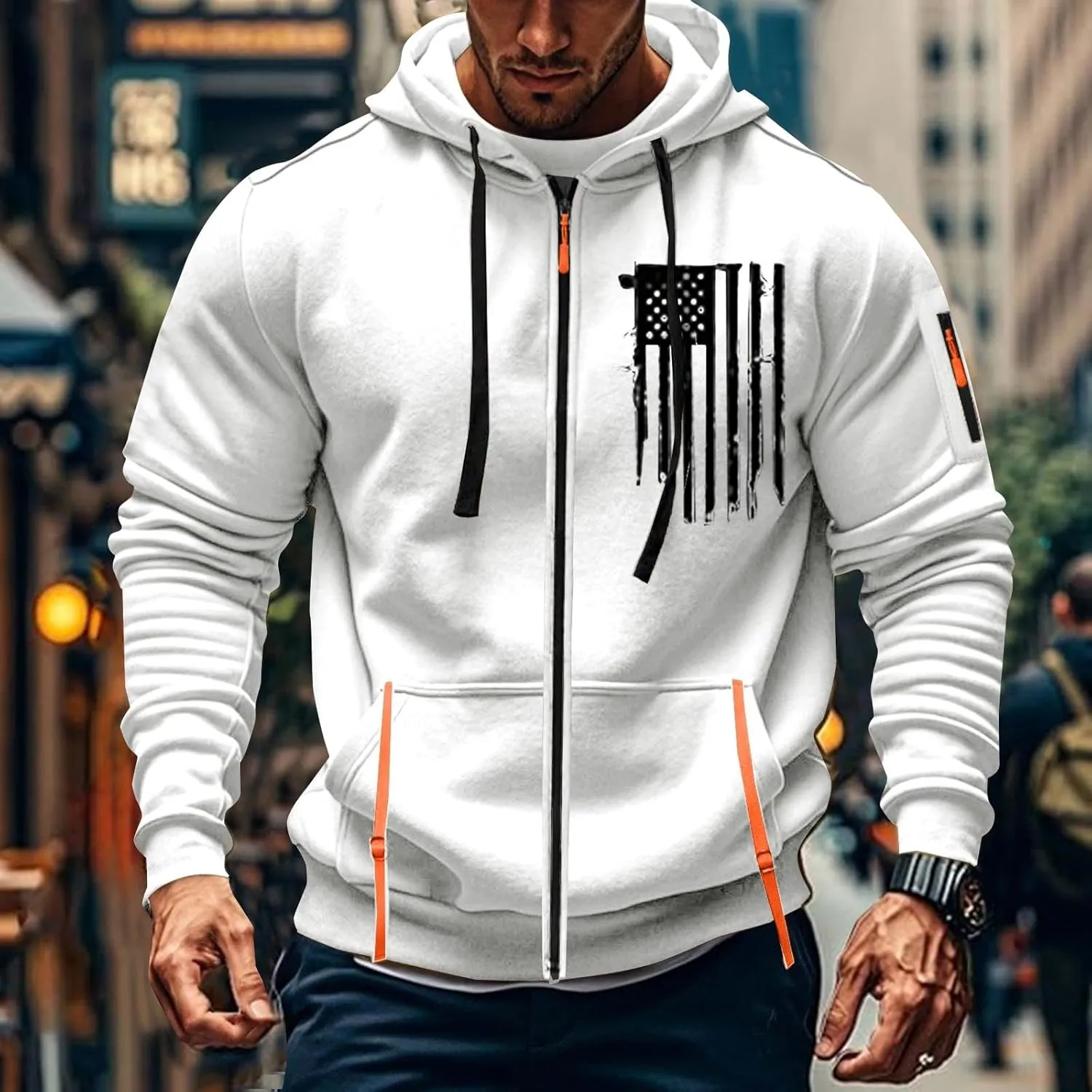 Men's Zipper USA Flag Print Hoodie Trendy Long Sleeve Drawstring Shirt Light Patriotic Sweatshirt with Pockets