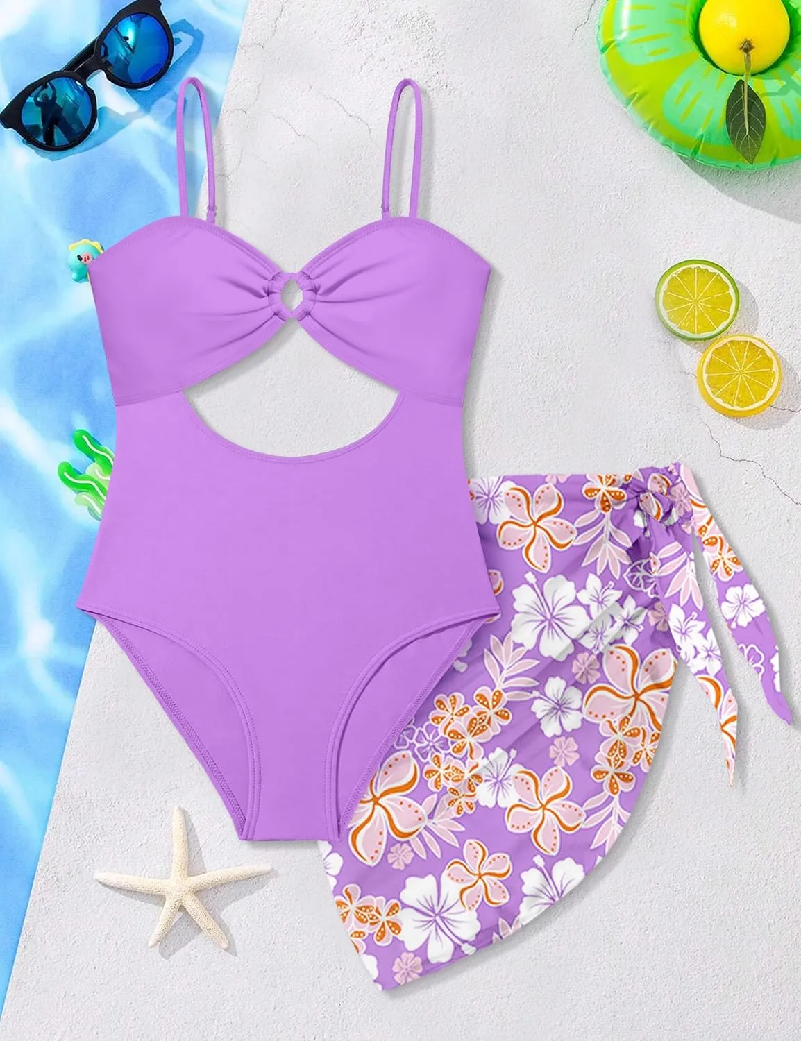 MIGU Girls One Piece Swimsuits Adjustable Straps Cutout Bathing Suit with Tropical Print Cover Up for Swimwear