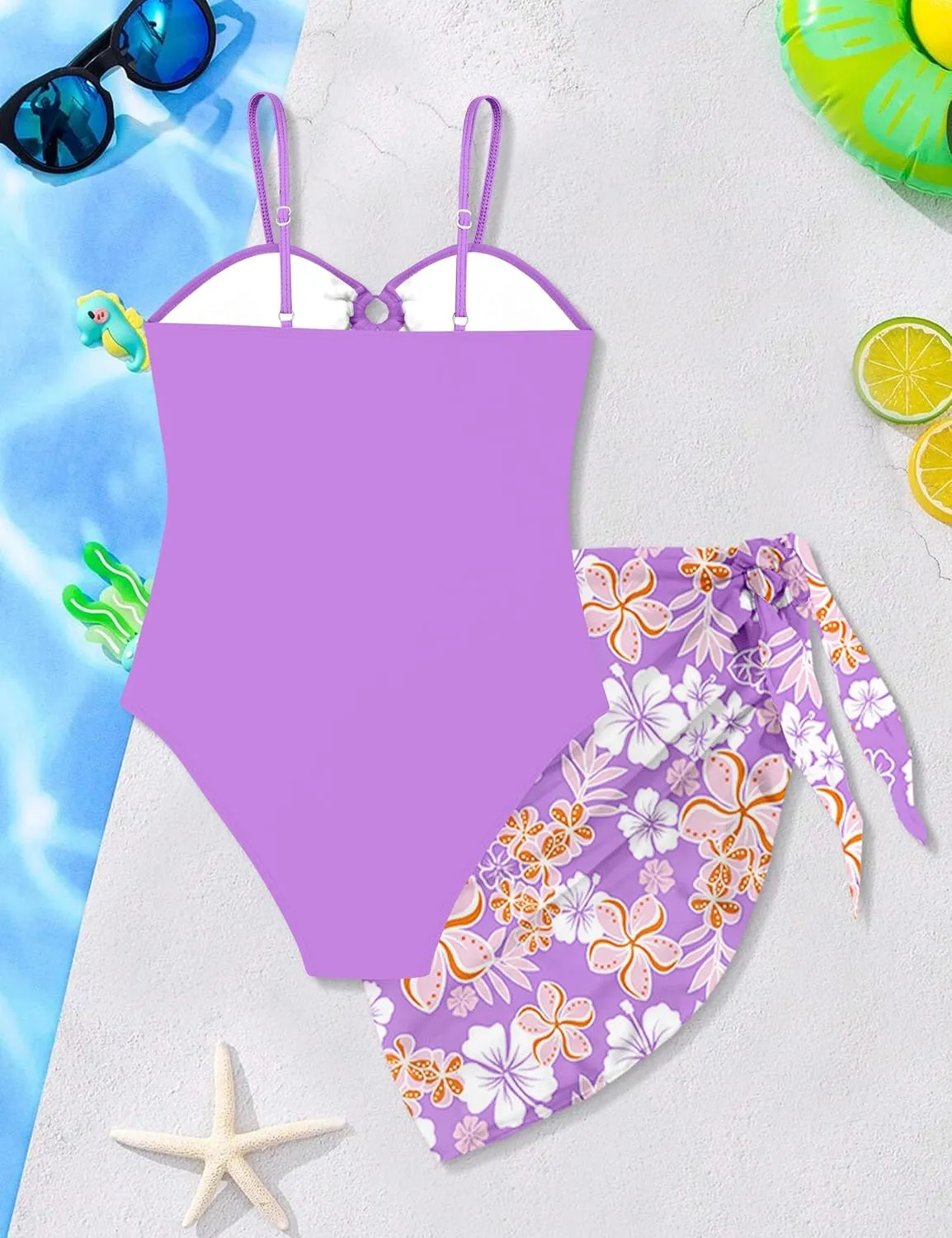 MIGU Girls One Piece Swimsuits Adjustable Straps Cutout Bathing Suit with Tropical Print Cover Up for Swimwear