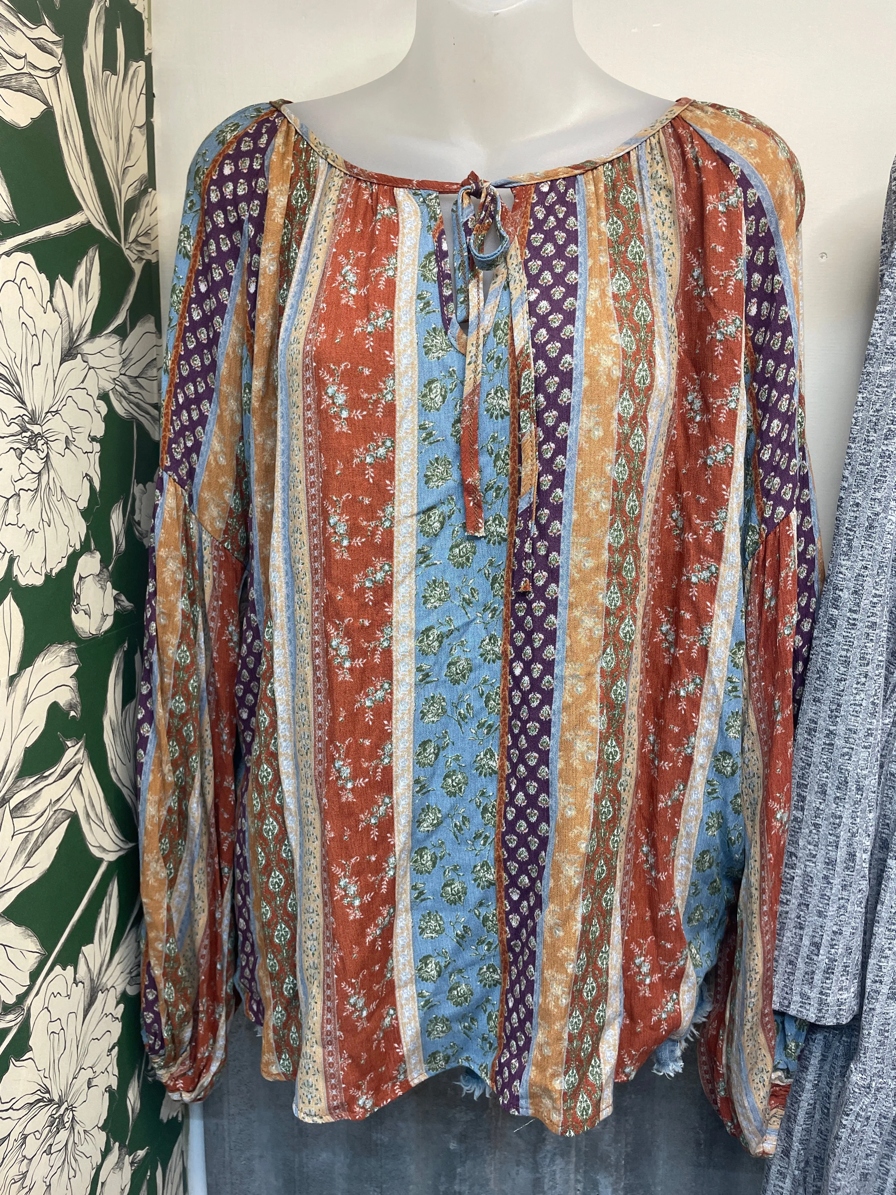 Multicolored Vertical Stripe Puff Sleeve Blouse