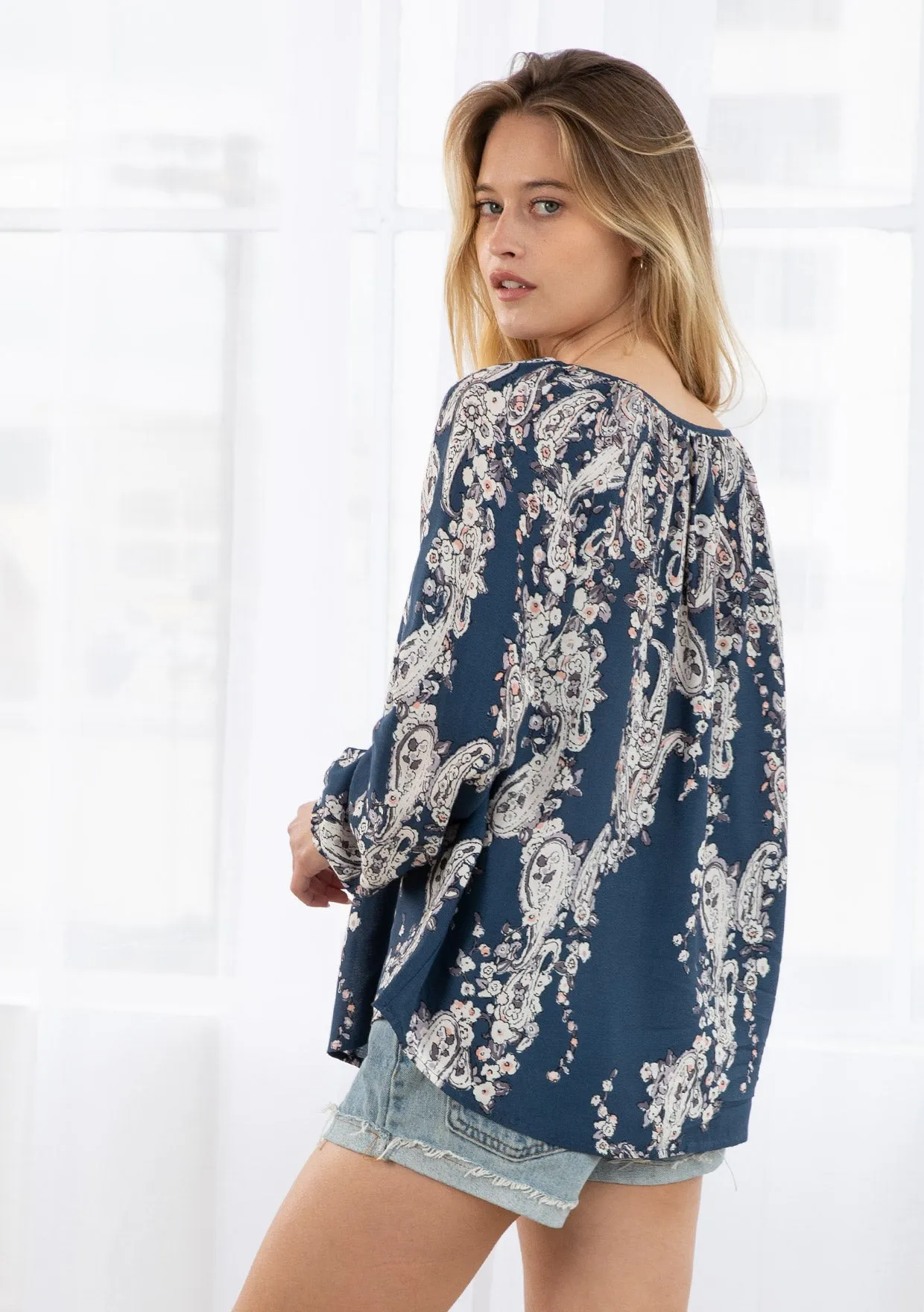 Navy Floral Print Blouson Sleeve Blouse