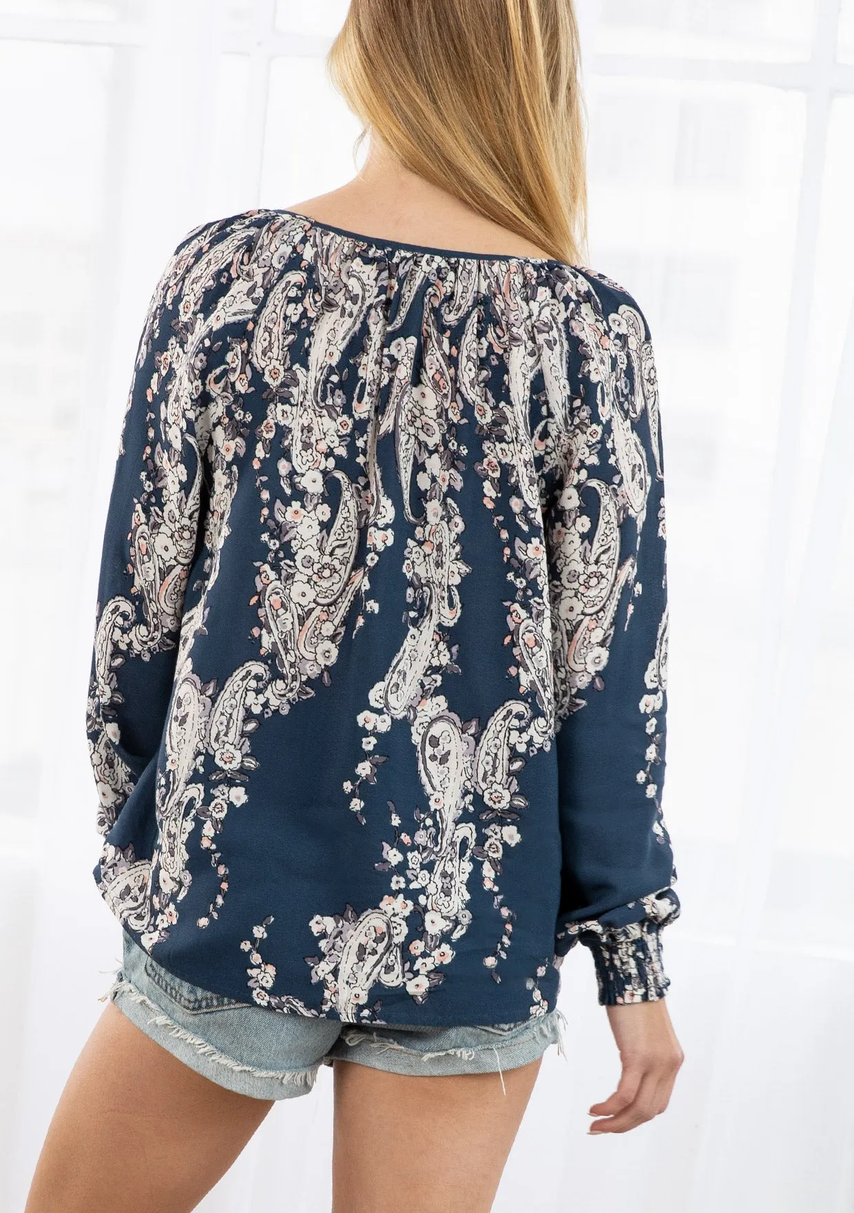 Navy Floral Print Blouson Sleeve Blouse
