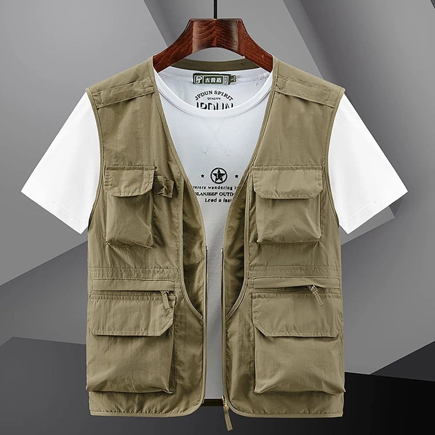 Plus Size Men's Lightweight Quick Dry Multi Pockets Utility Vest Casual Outdoor Fishing Travel Photo Cargo Vest Jacket