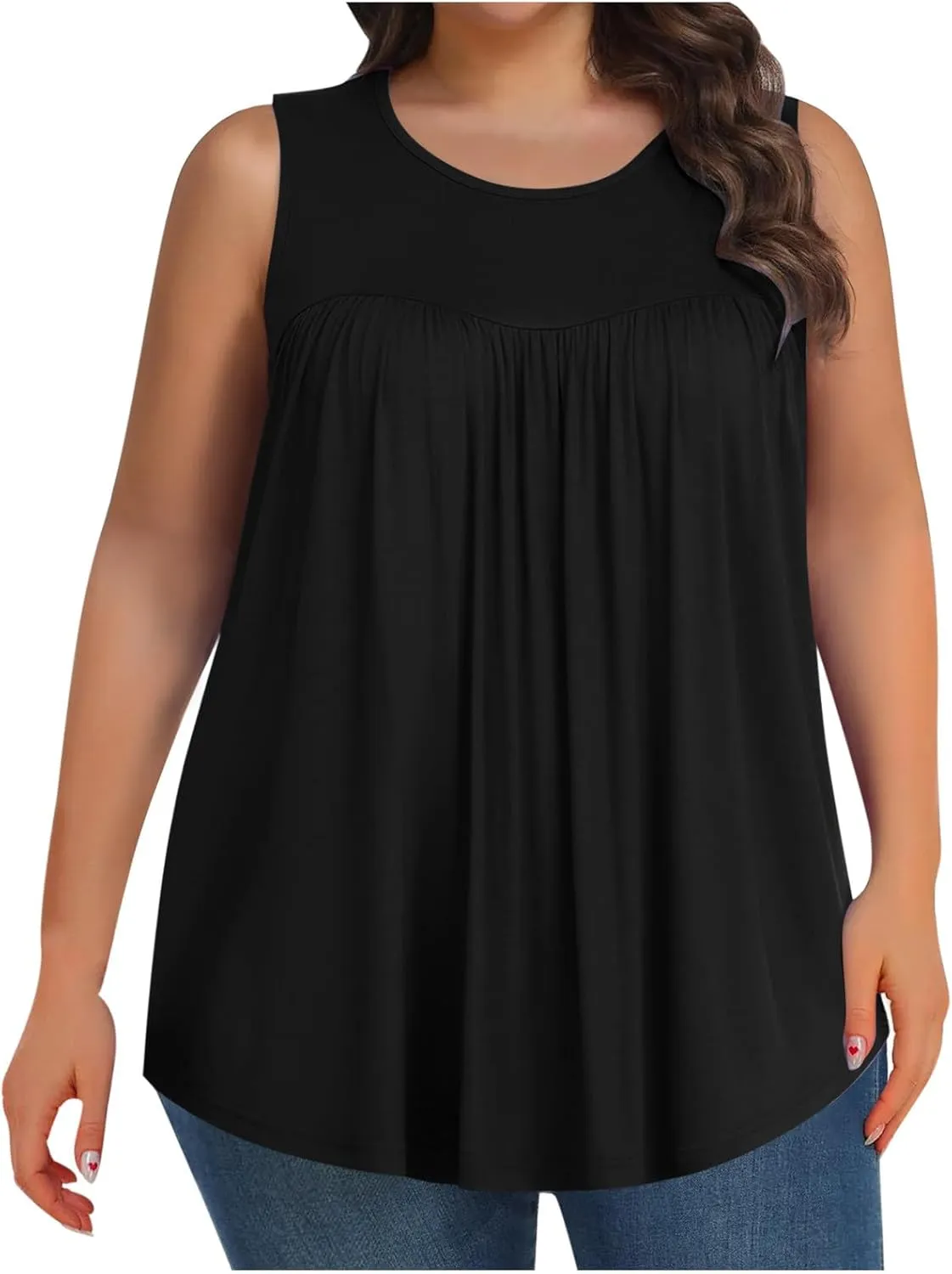 Plus Size Tank Tops Women Casual Summer Sleeveless Tee Round-Neck Pleated T Shirt Loose Flowy Shirts Blouses Tee L-5XL