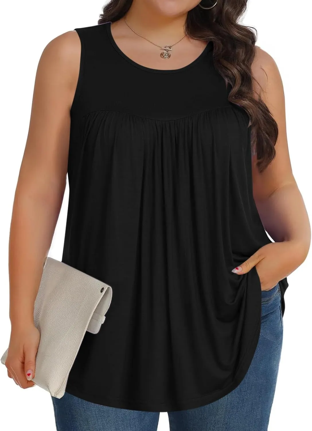Plus Size Tank Tops Women Casual Summer Sleeveless Tee Round-Neck Pleated T Shirt Loose Flowy Shirts Blouses Tee L-5XL