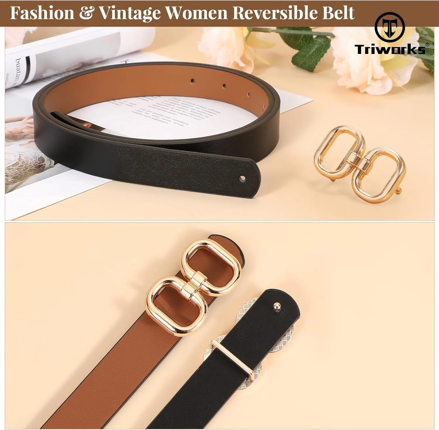 Reversible Leather Belt for Women with Gold Buckle Ladies Leather Belt for Jeans Pants