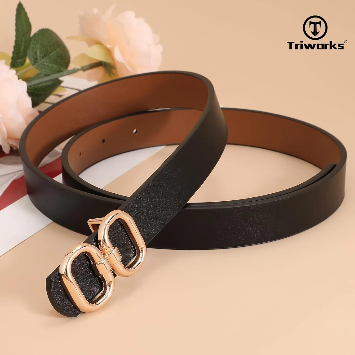 Reversible Leather Belt for Women with Gold Buckle Ladies Leather Belt for Jeans Pants