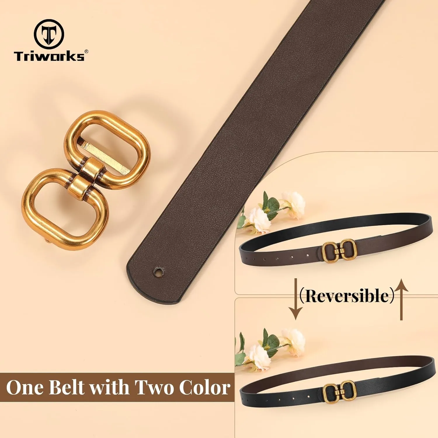 Reversible Leather Belt for Women with Gold Buckle Ladies Leather Belt for Jeans Pants