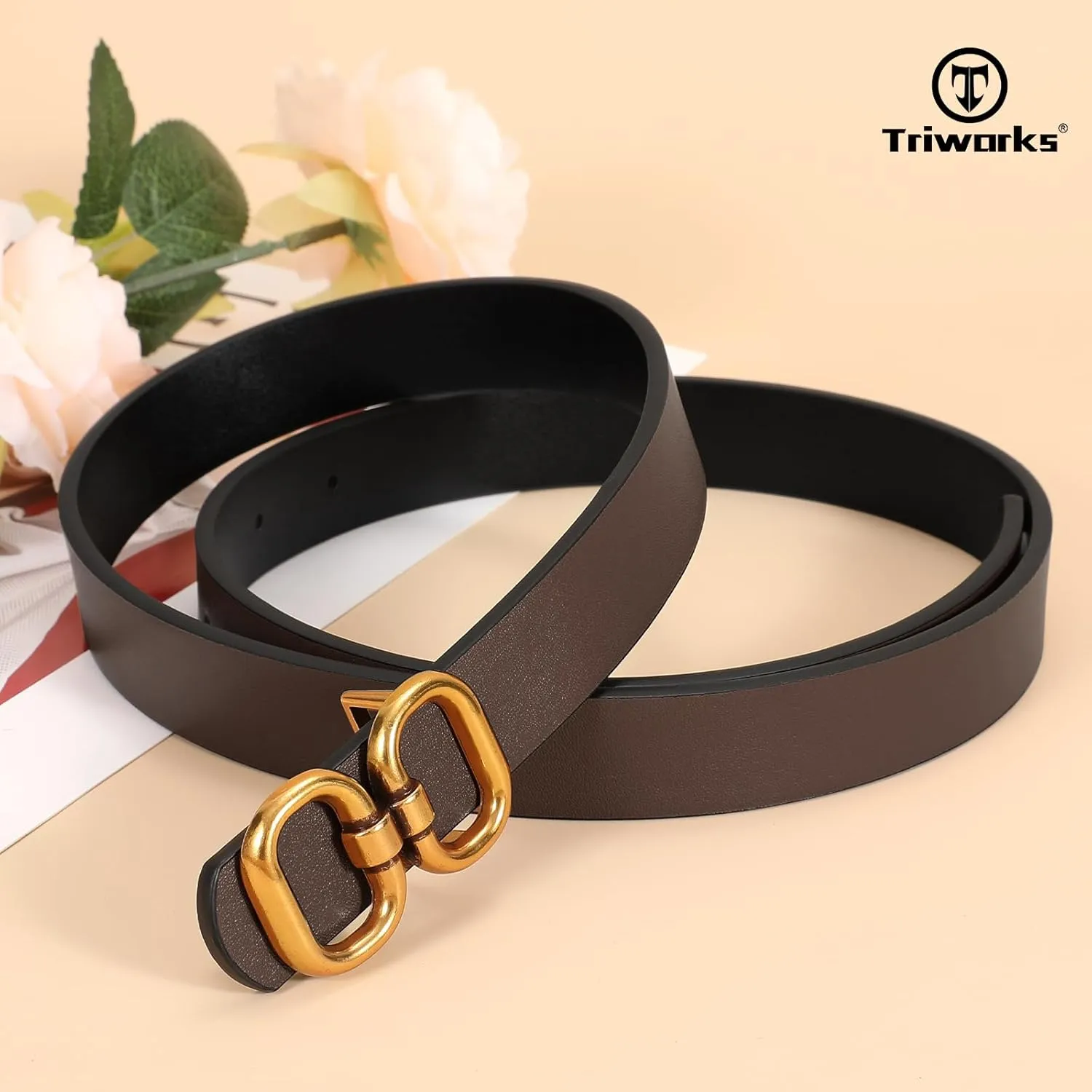 Reversible Leather Belt for Women with Gold Buckle Ladies Leather Belt for Jeans Pants
